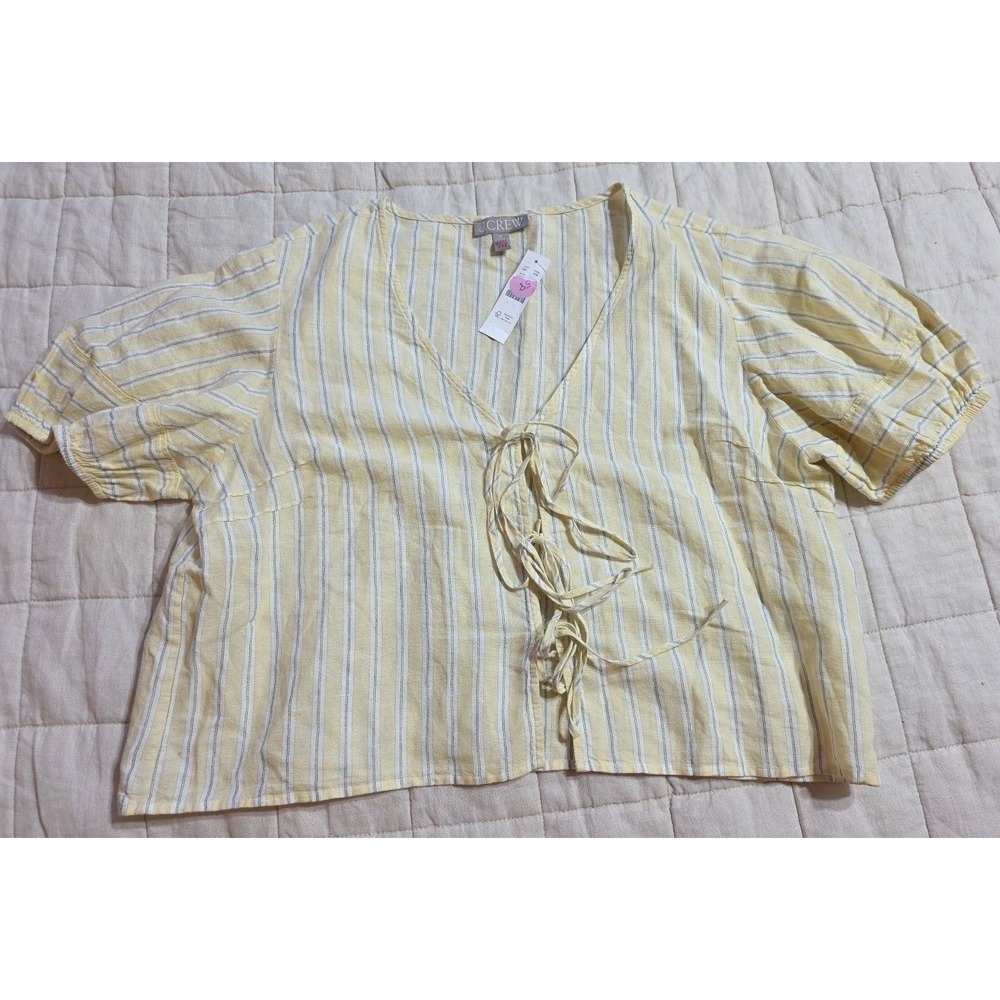 J Crew Womens Shirt Jacket Sz M Tie Front Blouse Yellow Stripe Cotton‎ Boho